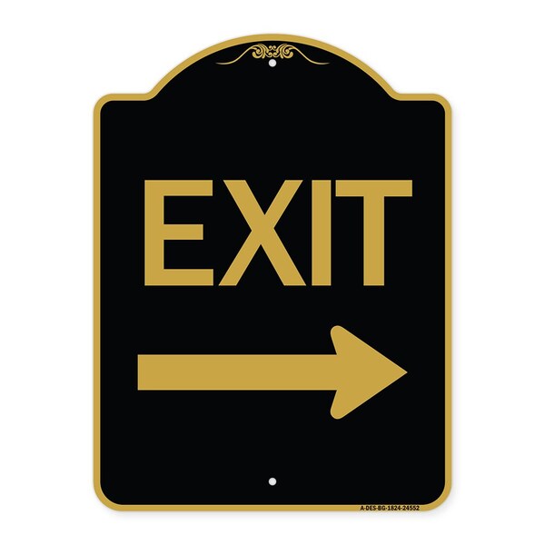 Designer Series Sign-Exit W/ Right Arrow, Black & Gold Aluminum Sign, 18" H, 24" L, BG-1824-24552